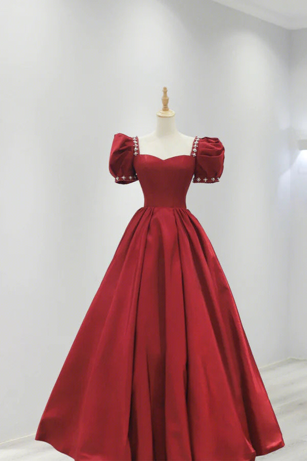 Wholesale Burgundy Satin Long Prom Dress A-Line Short Sleeve Evening Dress